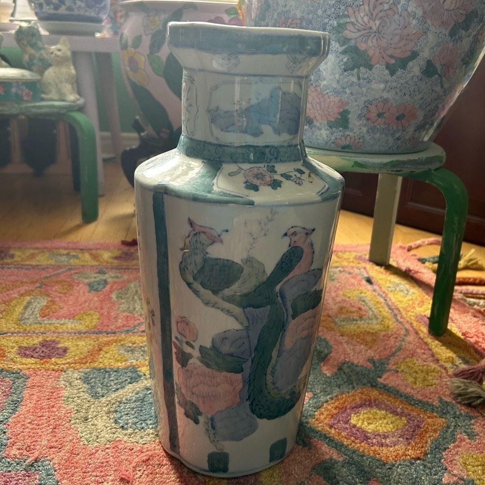 Vintage Asian Vase Decorative Ceramic Oriental Pot Peacock and Poppy Pattern 14"